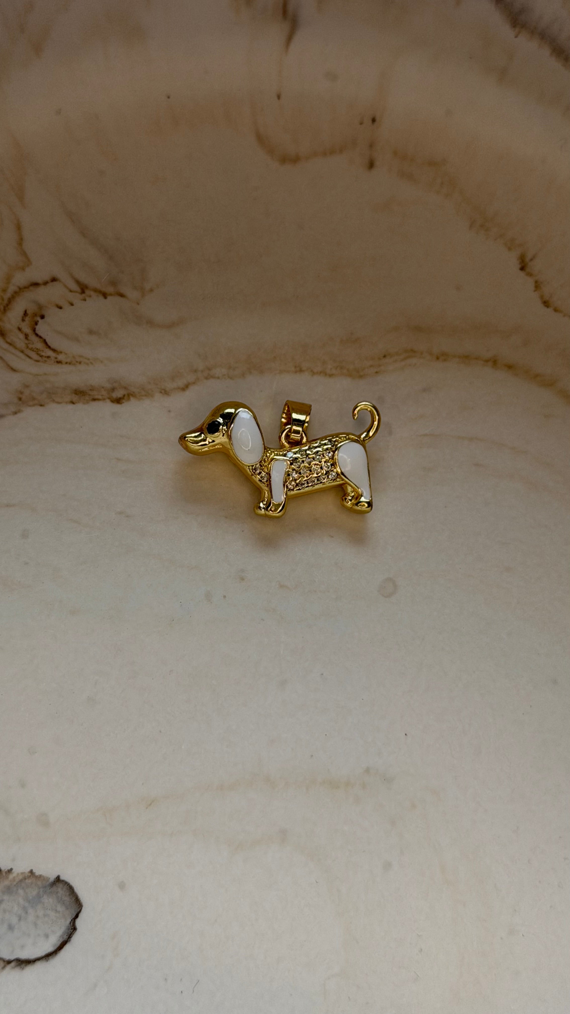White enamel Dachshund Charm - 24kt Gold plated