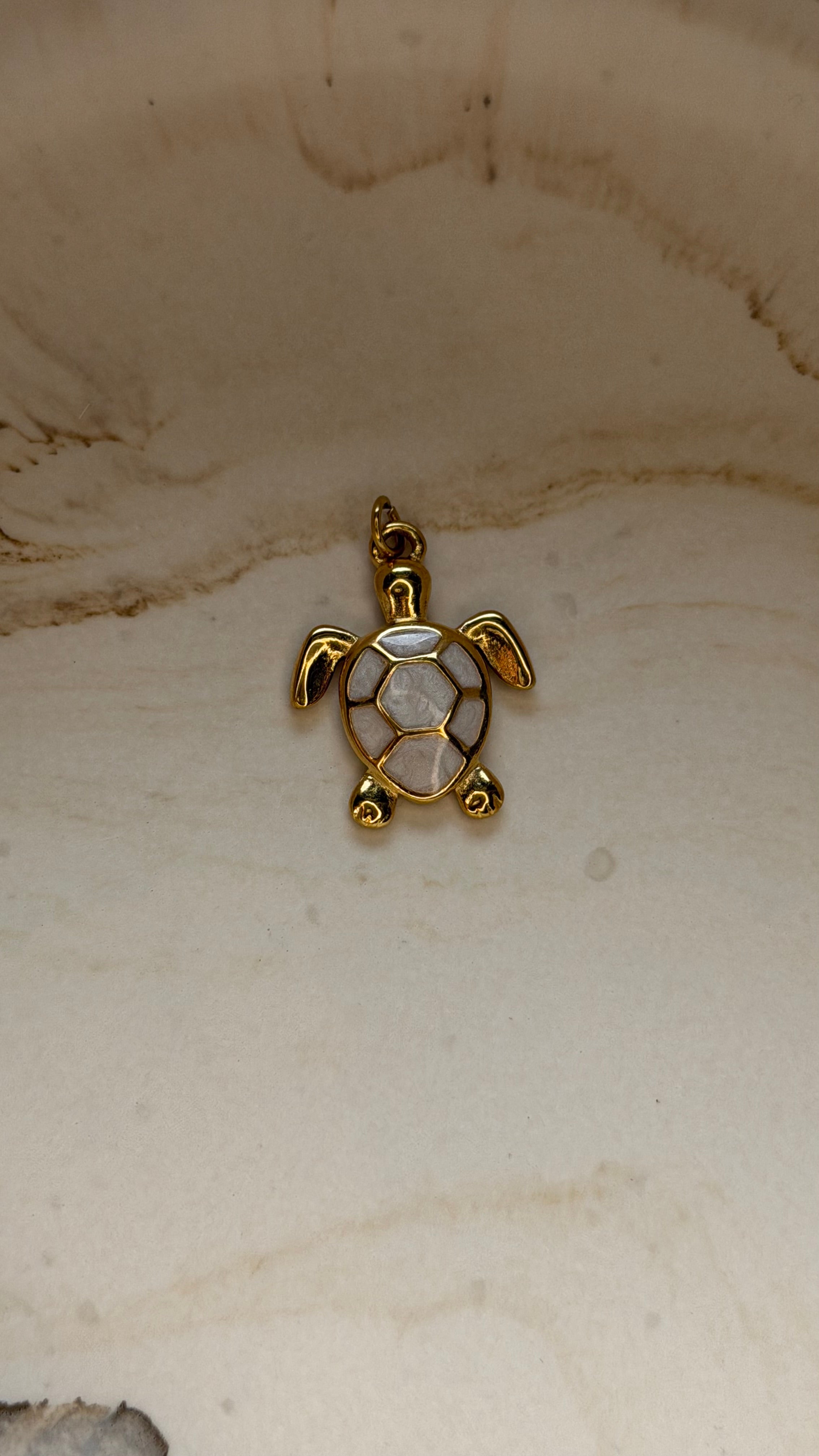 White Enamel Sea Turtle Charm - 24kt Gold PVD Plated