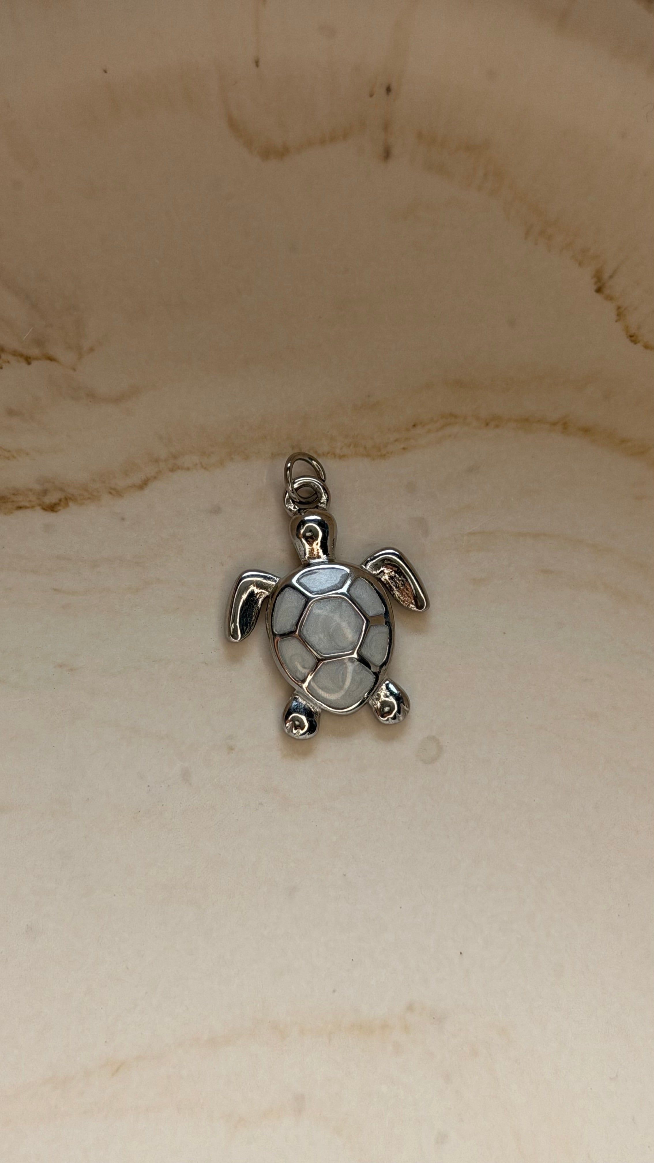 White Enamel Sea Turtle Charm - Stainless Steel